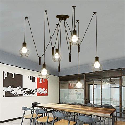 Tanda 6 Arms Spider Lamps With Pulley And Industrial Cage Lampshade