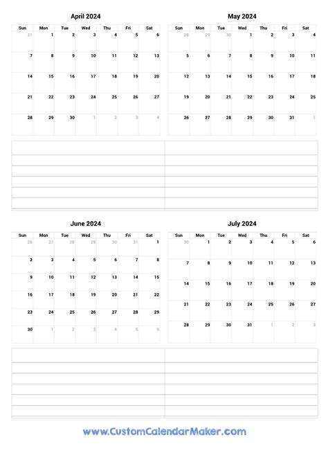 April To July 2024 Printable Calendar