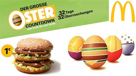 Vom 17.02.2021 bis zum 24.03.2021 findet der mcdonald's oster countdown statt. 1€ Big Mac | 32 Tage Oster Countdown Angebots Kalender bei ...