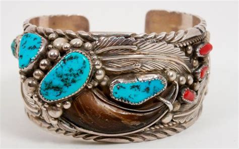 Navajo Handmade Cuff Bear Claw Turquoise Coral Sterling Silver Etsy