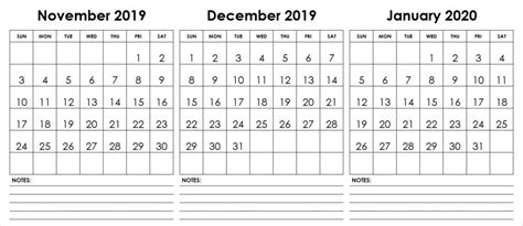 November December January 2020 Calendar Printable Pdf Word Excel