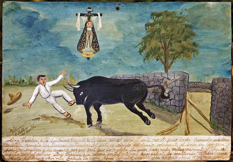 Mexican Folk Art Woman Fantasizes About Bull Fighting Naked Ex Voto Retablo Painting Campestre