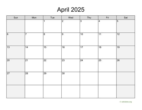 April 2025 Calendar With Weekend Shaded