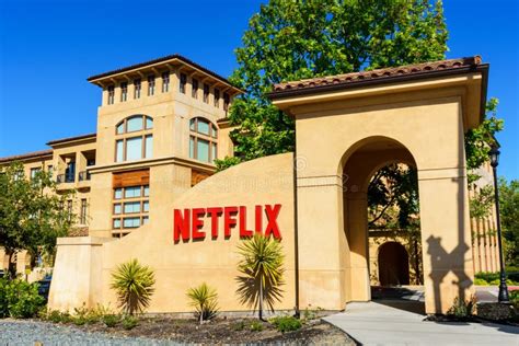 Netflix Logo Sign At The Main Entrance To The Netflix Headquarters In Silicon Valley Editorial