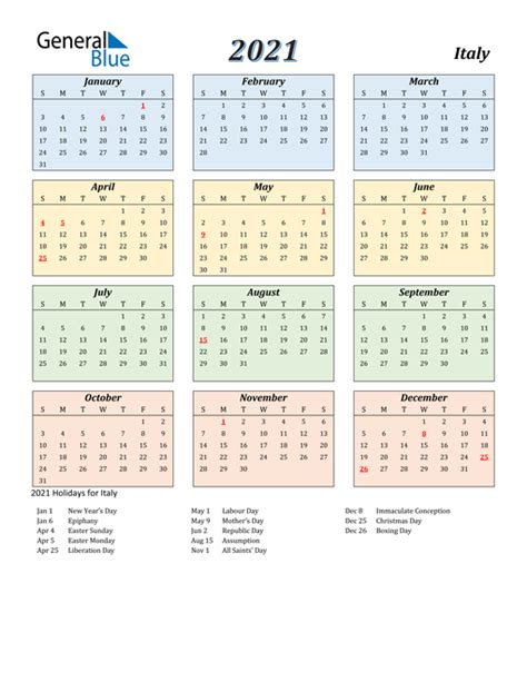 2021 Italy Calendar With Holidays
