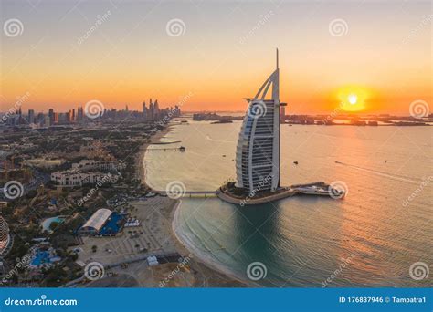 Aerial View Of Burj Al Arab Jumeirah Island Or Boat Building Dubai