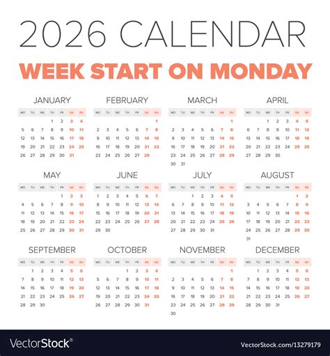 Simple 2026 Year Calendar Royalty Free Vector Image