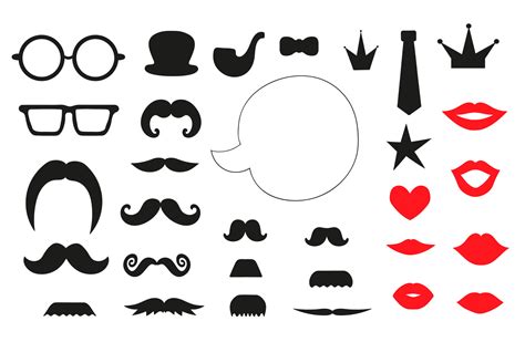 Vector Set Of Photo Booth Props Illustration Of Moustache Glasses Lips Heart Crown Pipe