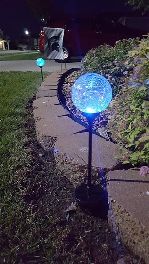 Solar Powered Crackle Glass Ball 7 Color Changing Stake Lights Set Of
