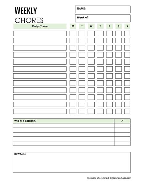 Weekly Chore Chart Free Printable Templates