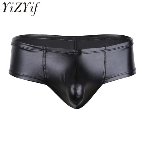 Yizyif Sexy Black Mens Soft Lingerie Faux Leather Bulge Pouch Bikini