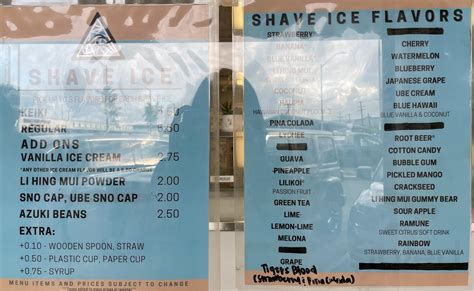 Da Hawaiian Brain Freeze Shave Ice & Ice Cream menus in Hilo, Hawaii
