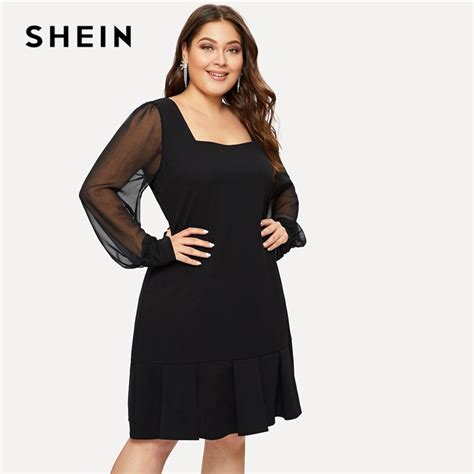 Shein Plus Size Black Mesh Sleeve Square Neck Solid Plain Dress Women