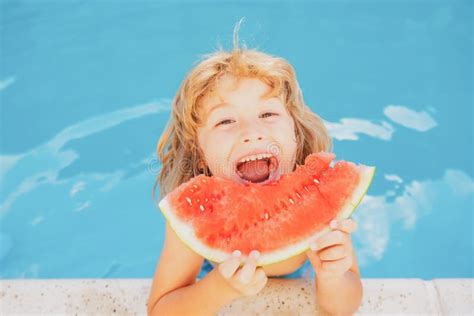Child Eating Watermelon Near Swimming Pool During Summer Holidays Kids