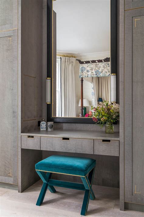 Dressing table, built in wardrobe, blue velvet dressing table stool