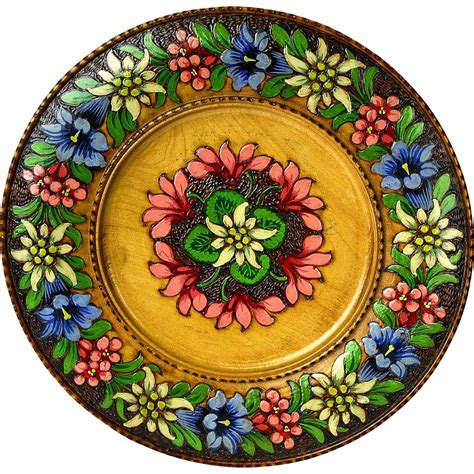 Pyrographic Carved Painted Decorative Edelweiss Plate ...
