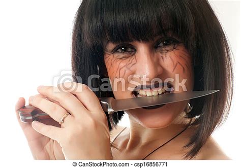 Gothic Beautiful Woman Holding A Knife Teeth On A White Background