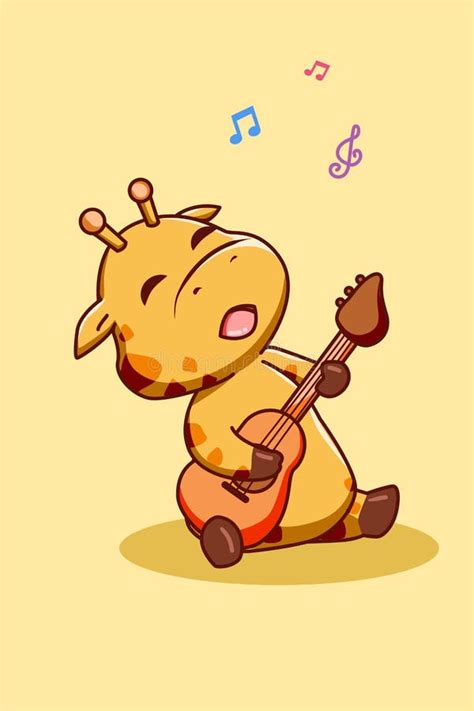 Happy And Funny Giraffe Playing Guitar Cartoon Illustration Stock