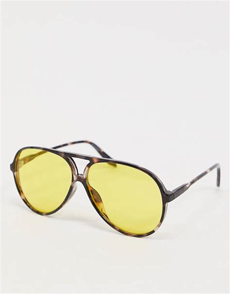 Asos Design Milky Tort Aviator Plastic Sunglasses With Yellow Lens Asos