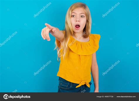 Little Girl Pointing Finger Surprised Ahead Open Mouth Amazed