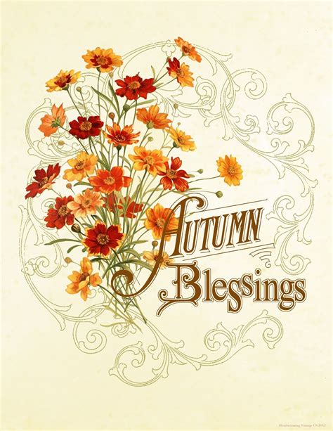an orange and yellow flower bouquet with the words autumn blessings written in brown lettering