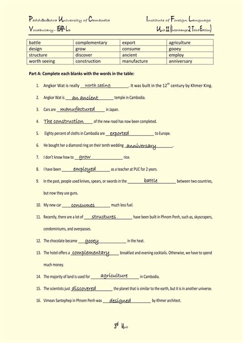 Spanish Worksheets Answers
