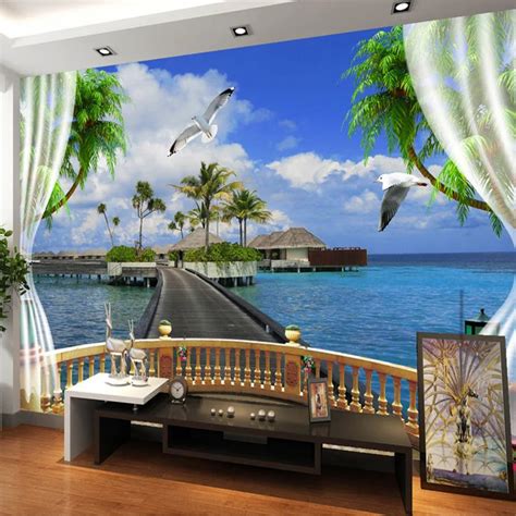 3d Wall Mural Window Seaside Landscape Balcony Photo Wall Murals Living