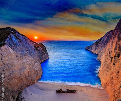 Navagio Beach At Sunset Zakynthos Island Greece Stock Photo And