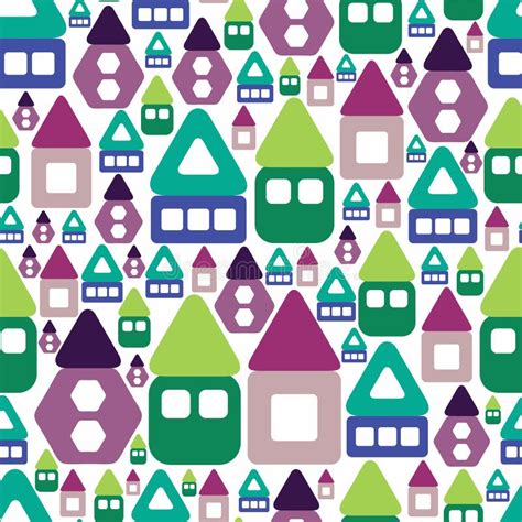Abstract Cozy Colorful Houses Seamless Pattern Geometric Shapes