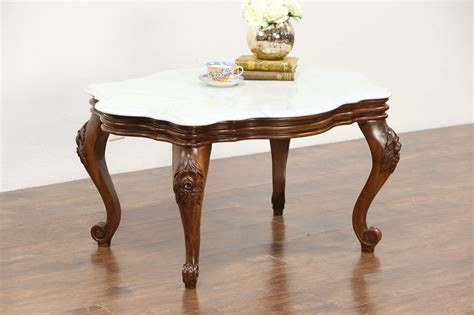 Victorian Style Vintage Marble Top Coffee Table Carved Walnut Marble