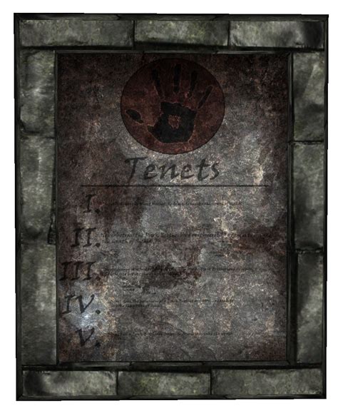 A tenet is a synonym for axiom, one of the principles on which a belief or theory is based. Dark Brotherhood Tenets - Skyrim Wiki