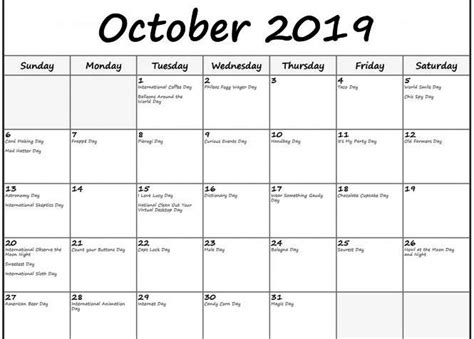 Printable October 2019 Calendar With Holidays With Notes Blank