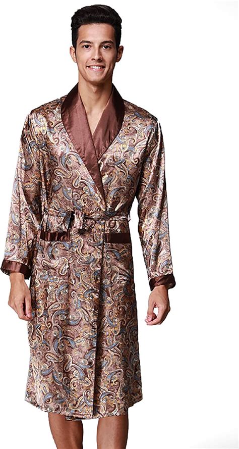 Mens Paisley Print Satin Robe Silk Summer Long Bathrobe Lightweight