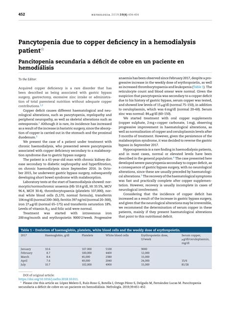 PDF Pancytopenia Due To Copper Deficiency In A Hemodialysis Patient