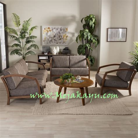 Contoh model set meja kursi kayu minimalis yang ke dua adalah model minimalis dengan kombinasi sofa dengan warna polos yang sama. Jual Meja Tamu Kayu Jati Model Scandy | Mejakayu.com