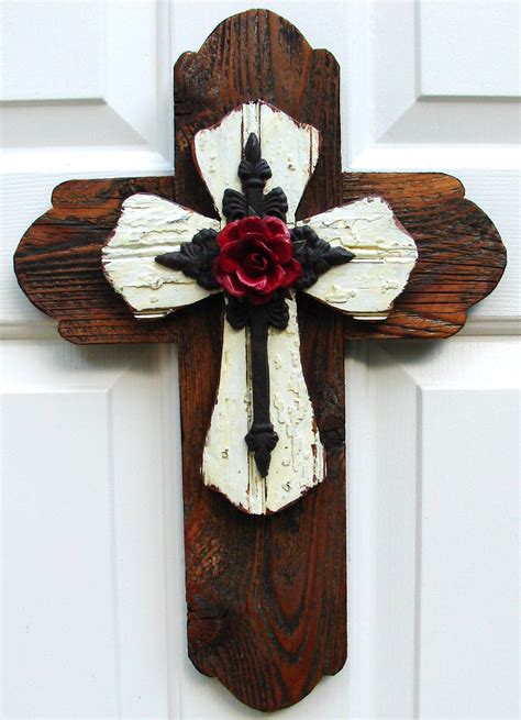 Beautiful Stacked Wooden Cross Accented With A Tin Rose Hand Crafted