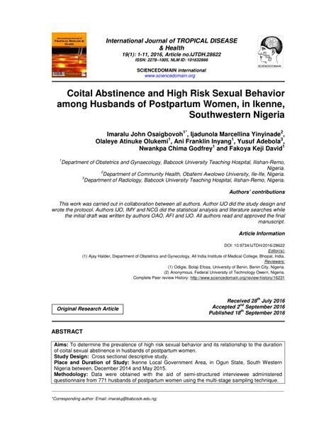 PDF Coital Abstinence And High Risk Sexual Behavior Among Husbands Of Postpartum Women In