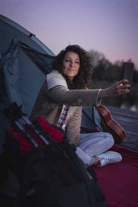 Woman Taking Selfie While Camping Stock Photo Image Of People
