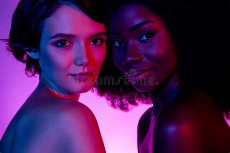 Portrait Of Two Attractive Nude Naked Perfect Women Bonding Cosmetic