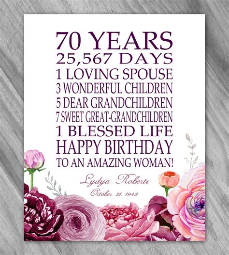 Birthday T 70 Years Personalized 70th Birthday T For Her Etsy