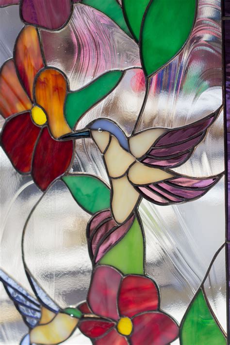 Tiffany Stained Glass Window 3 Hummingbirds Flower Garden Window Panel