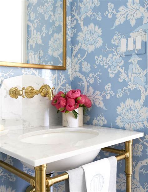 Gorgeous Bathroom With Blue Floral Wallpaper And Gold Accents In 2020