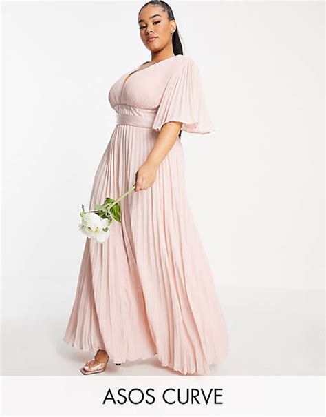 Asos Design Curve Bridesmaid Pleated Flutter Sleeve Maxi Dress With