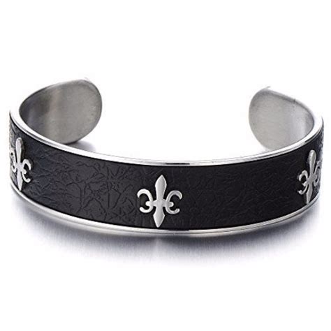 Fleur De Lis Cuff Bracelet Stainless Steel With Black Leather Edgy