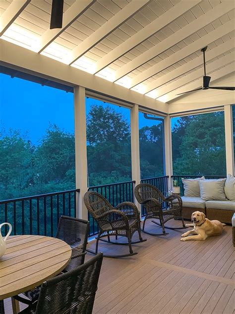 Wooden horizontal rafter ceiling for entrance area ceiling. Shiplap Screened In Porch - Kath Eats Real Food | Porch ...