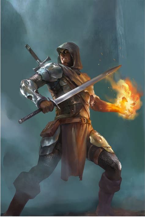 Warrior Mage With Swords And Fireball Male Human Character For
