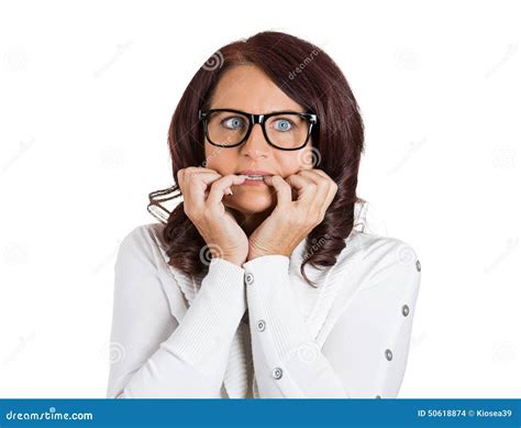 Scared Anxious Woman With Glasses Biting Fingernails Stock Photo