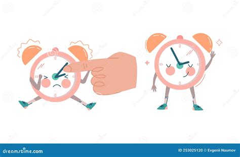 Funny Clock Character Waving Hand And Smiling And Ringing Vector Set