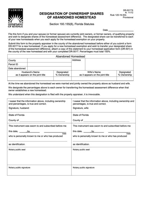 Form Dr 501ts Designation Of Ownership Shares Of Abandoned Homestead