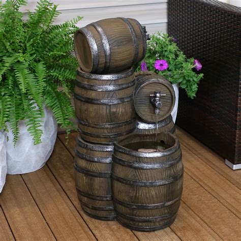 Sunnydaze Stacked Whiskey Barrel Outdoor Water Fountain With Led Lights